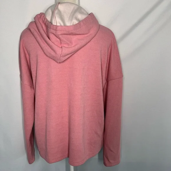 LoveBug Boutique Women's Ribbed Pink Hoodie with Lace Cream Drawstrings - Picture 6 of 9